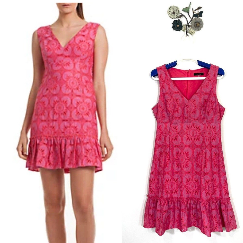 TRINA TURK Carpinteria Medallion Floral Lace Ruffle Hem Dress Size 8 Pink V Neck